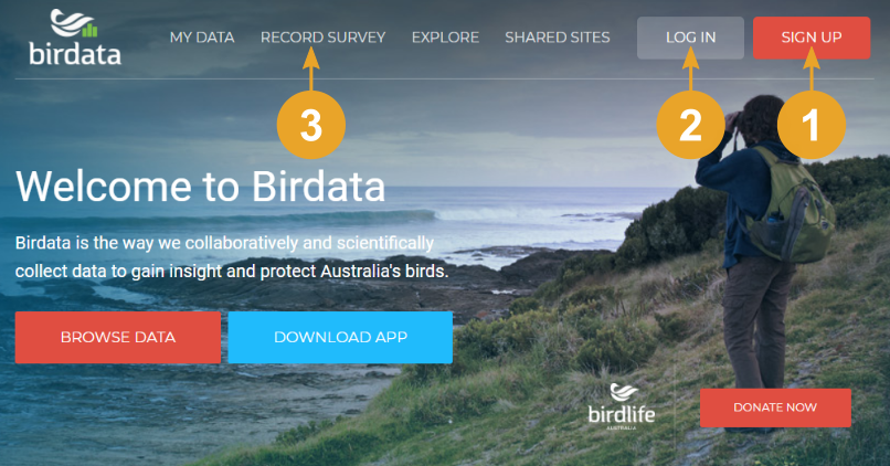 Screenshot of Birdata home page with brightly coloured numbers showing where to click to log in, to register, or to record a survey 