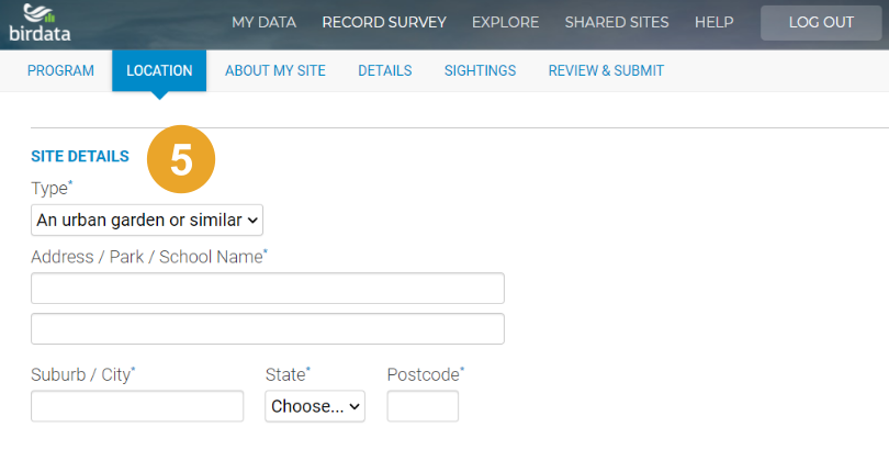 Screenshot of Birdata location page. Setting the location of the survey requires the user to choose the type of location (such as an urban garden or similar), as well as the address, including state and post code