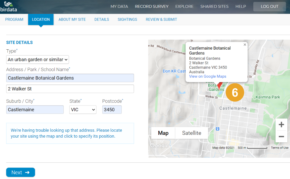 Screenshot of Birdata survey location page - check the market on the map is roughly where you are completing your survey
