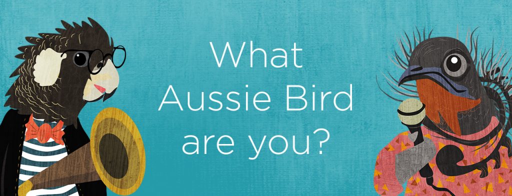 Banner image asking "What Aussie bird are you?". There is a bird on either side of the text - on the left is a Carnaby's Black-Cockatoo; on the right is a Superb Lyrebird. The background is blue. 