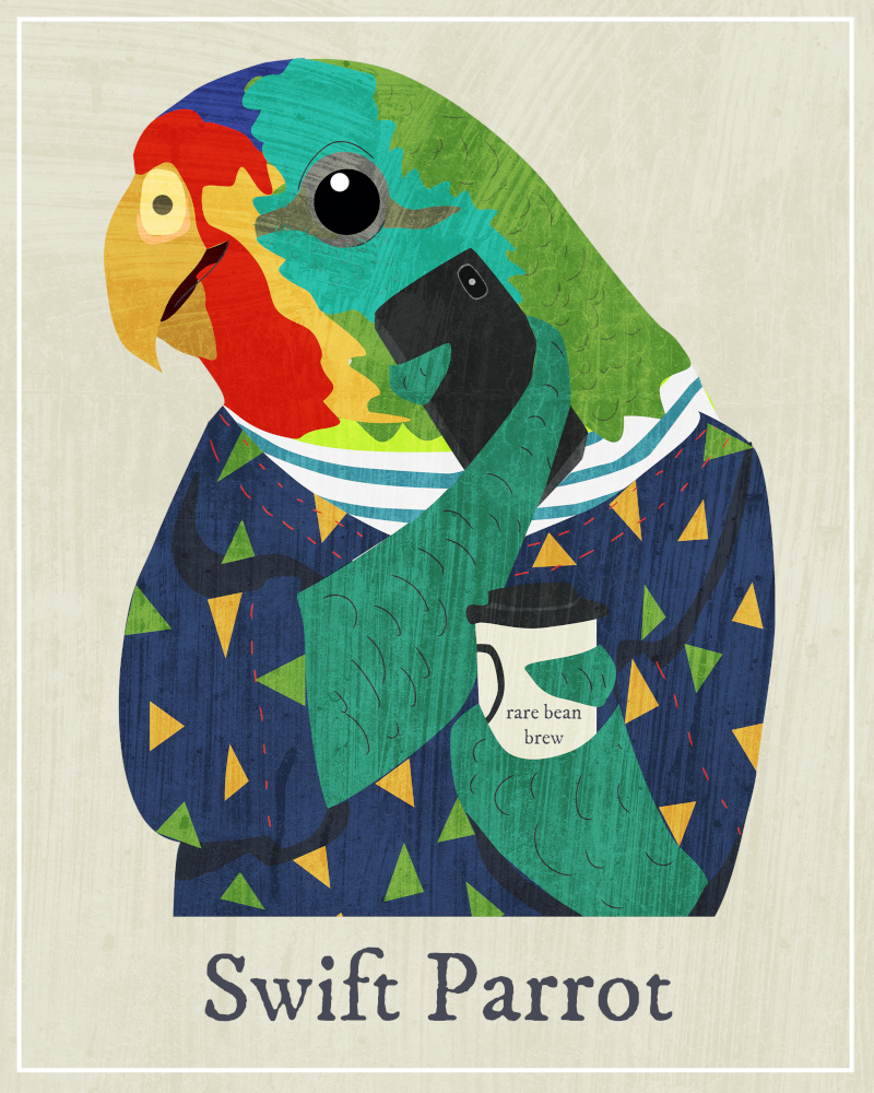 an illustration of a swift parrot, showing the head and shoulders. It's wearing a triangle-print jumper, talking on a phone, and carrying a coffee